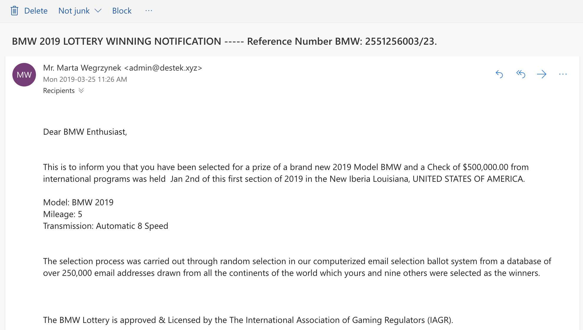 BMW email lottery winning notification